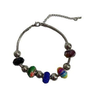 Silver Tone Slide Snake Chain Beaded Bracelet Adjustable Blue Red Rainbow